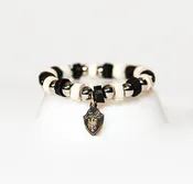 Beaded Bracelet Black/White Leather with Stainless Beads