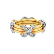 18 Karat Yellow Gold Platinum Diamond 'X' Band Ring Size 6 Modern