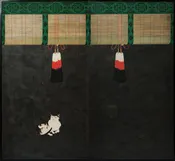 Cat & Sudare Two-Panel Taisho Period Byobu by Atomi Kakei