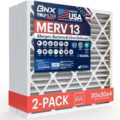 BNX TruFilter 20x20x4 (19.5’’ x 19.5’’ x 3.63‘’ Slim Fit) MERV 13 Air Filter (2-Pack) – MADE IN USA – Air Conditioner HVAC AC Furnace Filters Health, Allergies, Mold, Bacteria, Smoke, MPR 1900 FPR 10 –