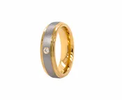 6mm Custom Made, Flat Shaped, Tungsten Ring with Brushed Exterior, Polished Yellow Gold Plated Edges and Interior and Round Cut Diamond