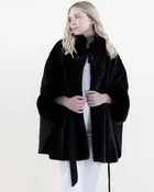 Black Suede Belted Cape with Horizontal Ribbed Vegan Fur and Neck Toggle