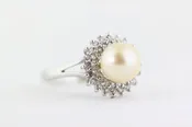 14K WHITE GOLD CULTURED PEARL & DIAMOND HALO RING LADIES
