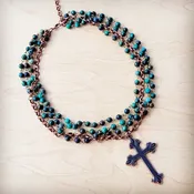 African Turquoise Beaded Collar Necklace w/ Cross Pendant 261c