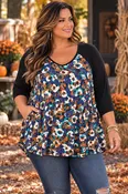 100 CP {Midnight Flora} Blue Floral Black Sleeve Contrast Top EXTENDED PLUS SIZE 3X 4 X 5X 6X
