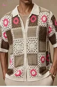 Men's Brown Patchwork Crochet Open-Knit Shirt