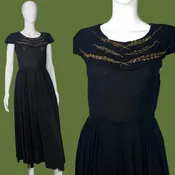 1940s Black Rayon Sequined Collar Evening Dress – Size S