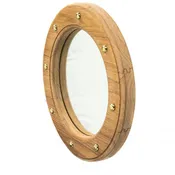 11" Round Teak Wood Wall Mirror with Nautical Rivets