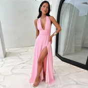 Long Plunging Neckline Dress with Open Back and Side Slit
