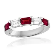 14K White Gold Alternating East To West Emerald Cut Rubies And Diamond Ring