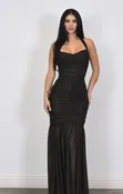 Black Gold Metallic Ruched Mesh Dress