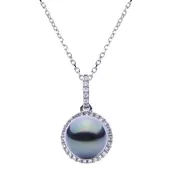 14K White Gold 8-9MM Tahitian Pearl with Diamond Halo Necklace