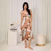 Abstract Print Sweetheart Neckline Godet Pleat Spaghetti Strap Midi Dress