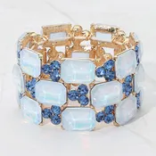 Blue Opal Wide Emerald Cut Crystal Stretch Bracelet on Gold |  716949