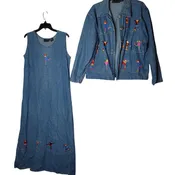 2 piece vintage denim maxi Sleeveless dress jacket embroidery skaters Large 80's