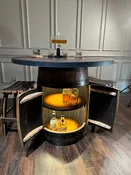 Custom made Bourbon Barrel Bistro/Pub Table Table with cabinet base and glass insert