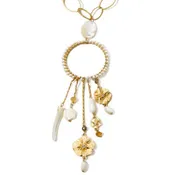32" Long Gold Tone Mother Of Pearl  and Flower Cluster Dangle Necklace