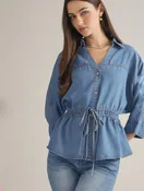 3/4 Sleeve Denim Top with Drawstring Waist