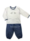 Auraluz 2pc Set...White l/s knit shirt with embroidered dinosaurs and slate knit pants