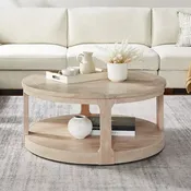 40 Moderne, runde 2-stöckige Couchtisch mit Holzmaserung-Platte und 4 Rollen unten, geeignet für Wohnzimmer, Schlafzimmer, Büro