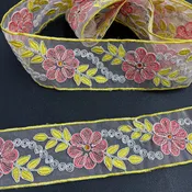 2" Corded Floral Lace Trim with Rhinestones & Metallic Thread Embroidered on Organza | Lace USA - 96307N-RS