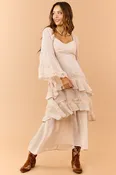 Almond Tiered Ruffle Lace Long Sleeve Midi Dress