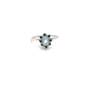 10K White Gold Aquamarine Ring With Blue & White Sapphire Halo