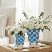 Checkered Ikat Enameled Square Cachepot Planter