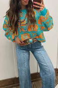 66DISCO - 66 Bows Horseshoes Pattern Western Plus Size Sweater (S-4X): Blue / L