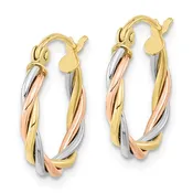 10k Gold TriColor Twisted Triple Hoop Earrings, Small 5/8 inch or 16mm Diameter