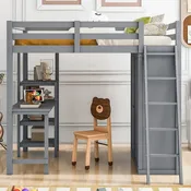 Graues Hochbett in Full-Größe mit Kleiderschrank, Schreibtisch und Regalen