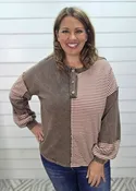 ASH OAK Mineral Washed Striped Contrast Henley Knit Top