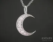 10k White Gold Lab Created Diamond Crescent Moon Ladies Necklace 18"L p14987