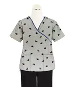Black Leaf Print Scrub Set Mock Wrap With Black Piping 5 Pocket Half Sleeves (Top 3 Pockets With Bottom 2 Pockets Boot cut)