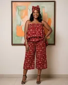 African Print Red & White Flare Top w/Cropped Palazzo Pants Set