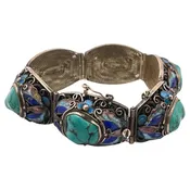 Antique Chinese Blue Turquoise Enamel Sterling Silver Bracelet