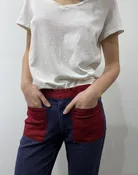 1960s color block denim / 60s dark wash high waist skinny flares / Contact slacks by Miller  — Dusty Rose Vintage