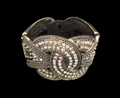 Antiqued Gold-Tone, Clamp-Hinged Bangle Bracelet with Gold Rhinestones