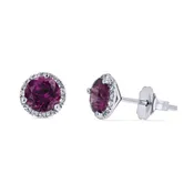 14k White Gold Rhodalite Garnet and Diamond Halo Stud Earrings