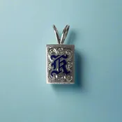 12mm x 5/8" Blue Enamel Initial "K" Pendant in 14K White Gold