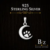 925 Sterling Silver Crescent Moon & Paw Print Pendant