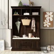 3-in-1 Design Hall Tree with Storage Bench,3 Hooks and Cushion