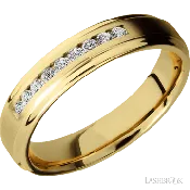 5 mm wide/Flat Grooved Edges/14K Yellow Gold band with an  arrangement of 9, .03 carat Round Diamond stones in a Channel setting.