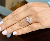Asscher Cut Moissanite and Round And Pear Shape Sides Engagement Ring And Matching Band Set In 14k Solid Rose Gold Wedding Bridal Set 2.50ct