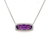 14K White Gold Amethyst & Diamond Elongated Halo Necklace