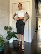 80s high waist taffeta flocked polka dot black pencil skirt evening cocktail party  — Dusty Rose Vintage