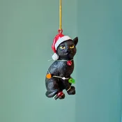 Black Cat with Santa Hat Wrapped in Lights