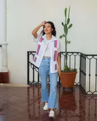 Women's Guayabera Shirt Embroidered with Flags of Puerto Rico