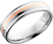Cobalt chrome 6mm domed band with rounded edges, milgrain, and a 1mm inlay of 14K Rose Gold
