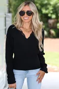 Autumn Grace Lace Trim Faux Wrap Sweater Top (Black)